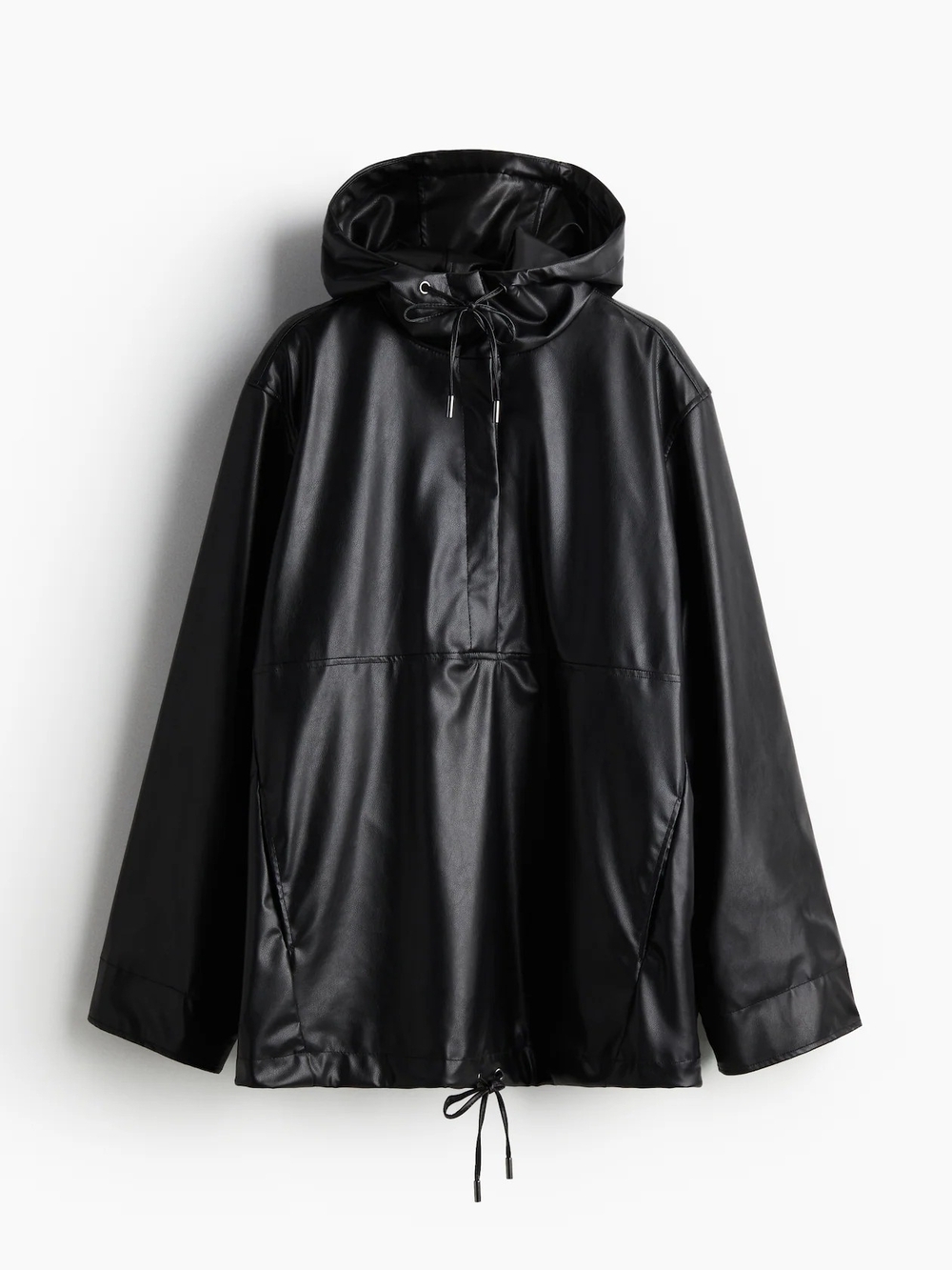 H&M Divides - Black Hooded Faux Leather Pullover Anorak Jacket